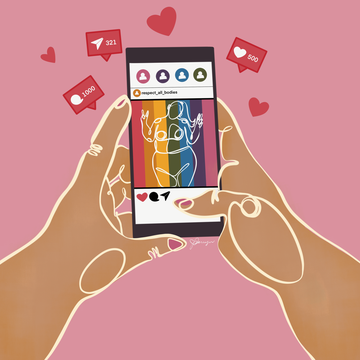 illustrated hands holding a phone with heart and like buttons surrounding it