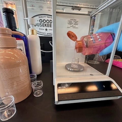 Best Body Washes: A photo of testing in the GH Lab a photo of a body wash being tested in the good housekeeping institute beauty lab
