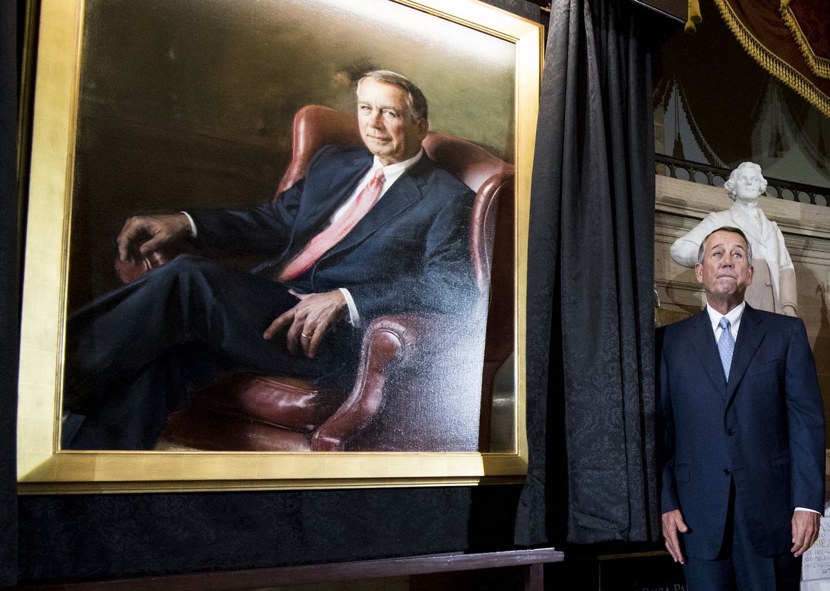 united states   november 19 former speaker of the house john boehner, r ohio, stands next to his portrait after its unveiling in statuary hall in the capitol on tuesday, nov 19, 2019 photo by bill clarkcq roll call, inc via getty images