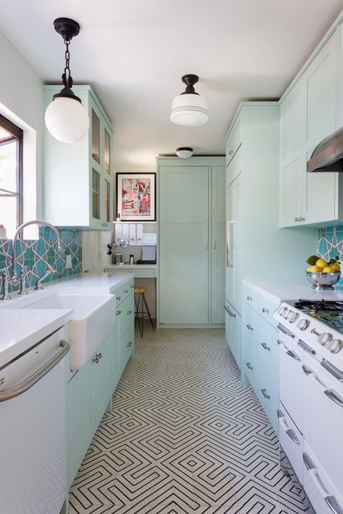 bright galley kitchen with mint accent paint and patterned floors from galley kitchen design ideas