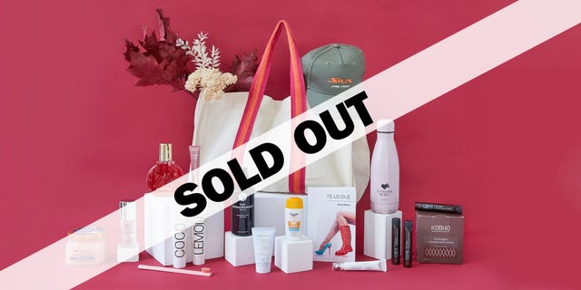 various beauty and skincare products arranged on a colorful background with a sold out overlay
