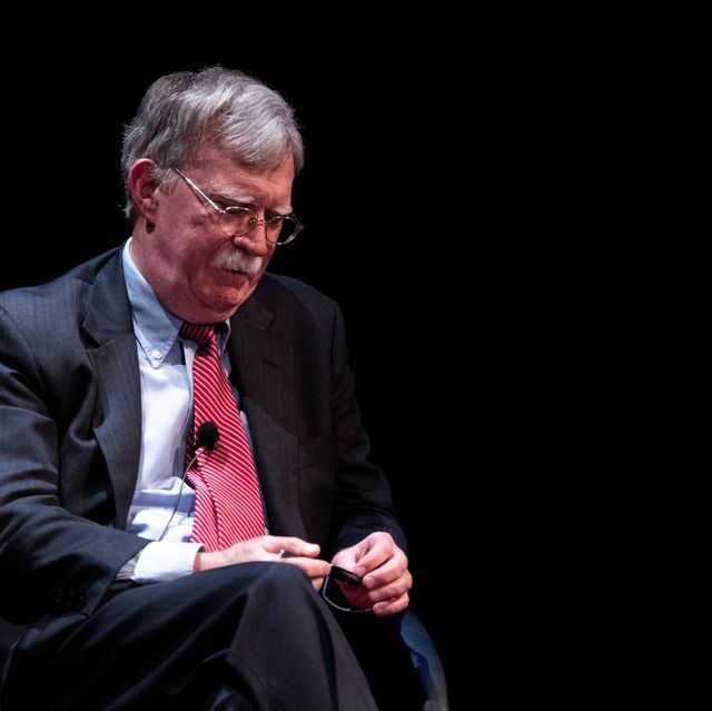 former national security adviser john bolton r speaks on stage during a public discussion at duke university in durham, north carolina on february 17, 2020   bolton was invited to the school to discuss national security weeks after he was thought of as a key witness in the impeachment trial of president donald trump photo by logan cyrus  afp photo by logan cyrusafp via getty images