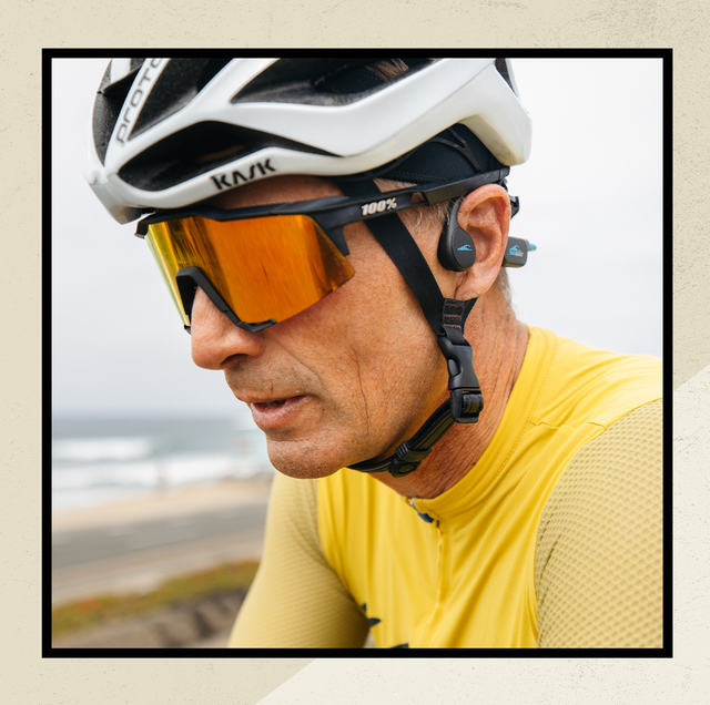 a pair of shokz bone conduction headphones and a cyclists wearing a pair from h2o audio