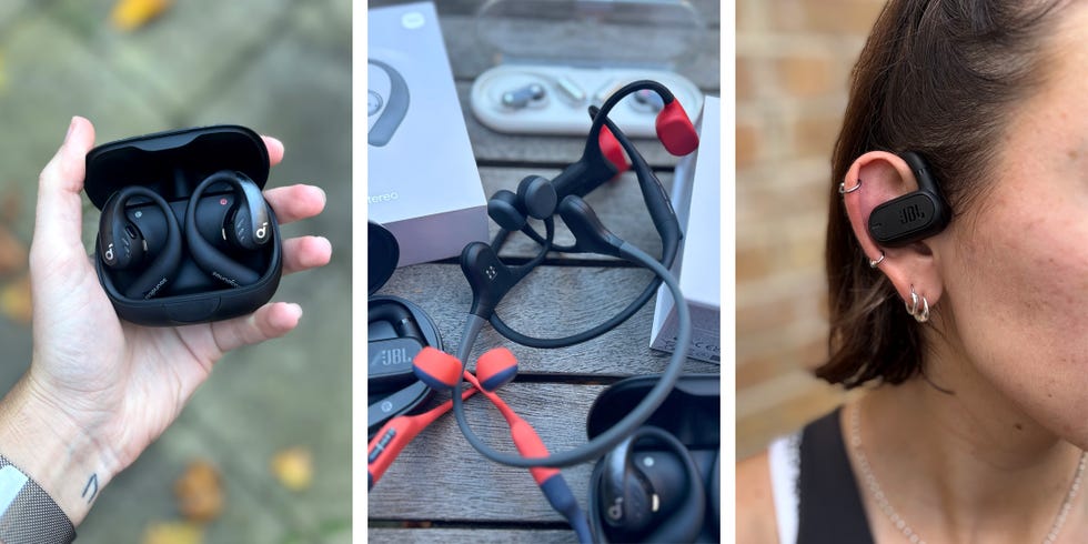 the first section shows a hand holding a black charging case with two pairs of wireless earbuds inside the second section features multiple types of earbuds laid out on a wooden surface alongside their packaging