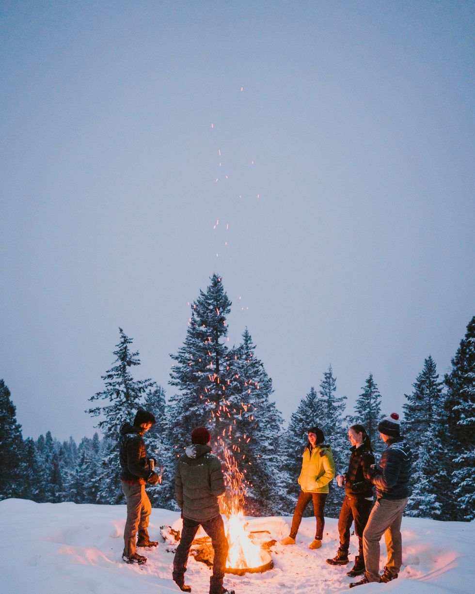 a group of friends stand around a campfire with snowy pine tree
