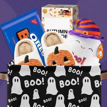 boo basket with slippers, oreos, autumn hayride candle, ghost plushie