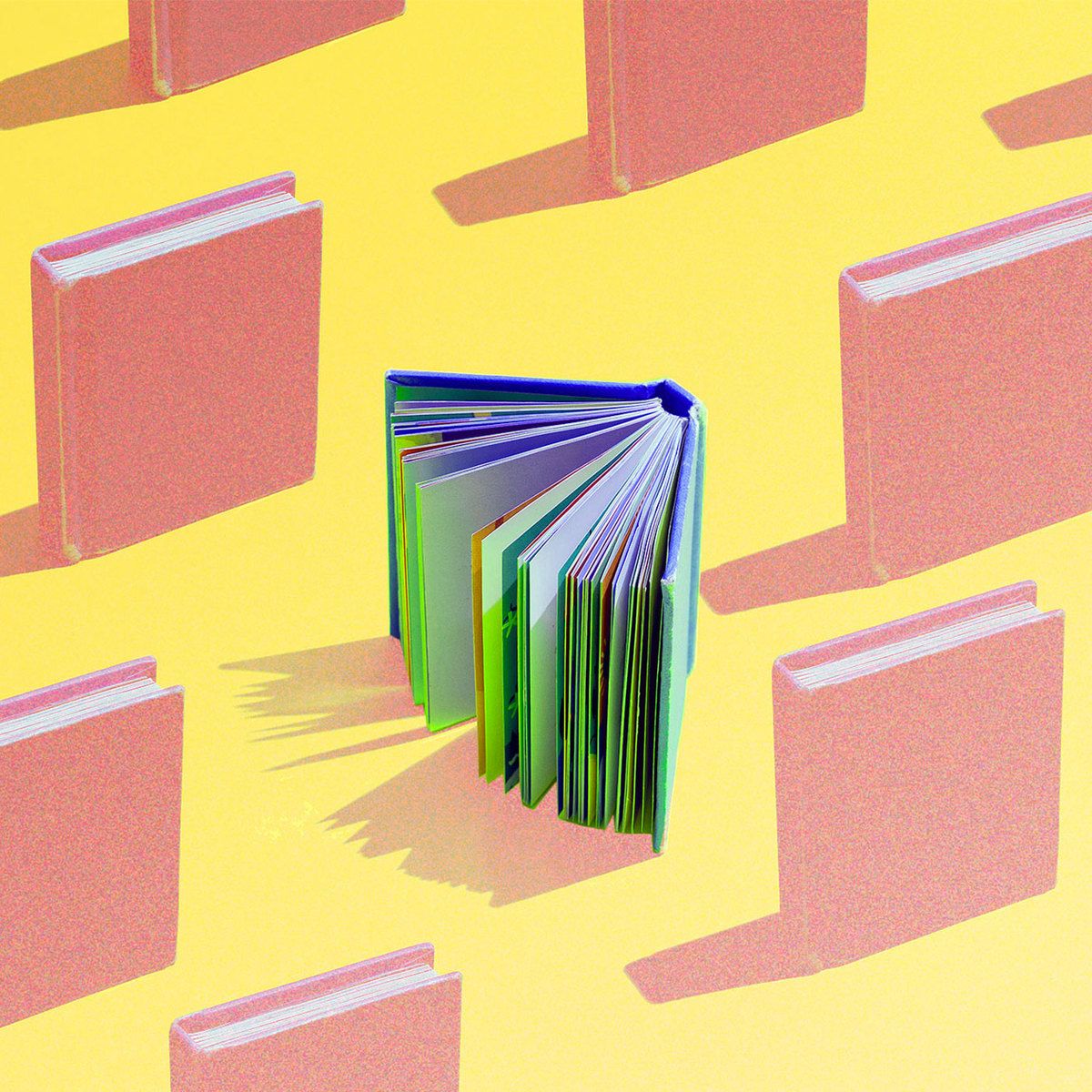 coral books blue and green book on yellow background