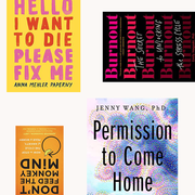This is an image four books about mental health positioned around each other, titled burnout, don't feed the monkey, permission to come home, and hello i want to die please fix me