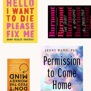 four books about mental health positioned around each other, titled burnout, don't feed the monkey, permission to come home, and hello i want to die please fix me
