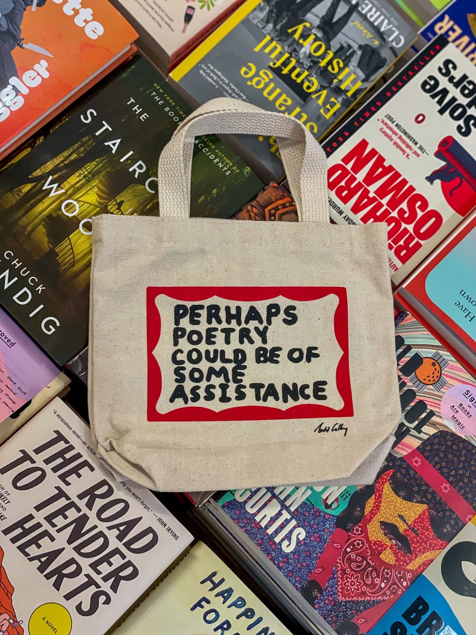 a mini tote bag reading 'perhaps poetry could be of some assistance' surrounded by books