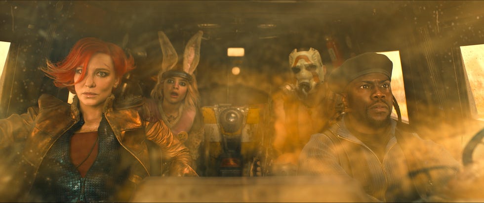 Cate Blanchett as Lilith, Kevin Hart as Roland, Ariana Greenblatt as Tiny Tina, Florian Munteanu as Krieg and Jamie Lee Curtis as Tannis in Borderlands