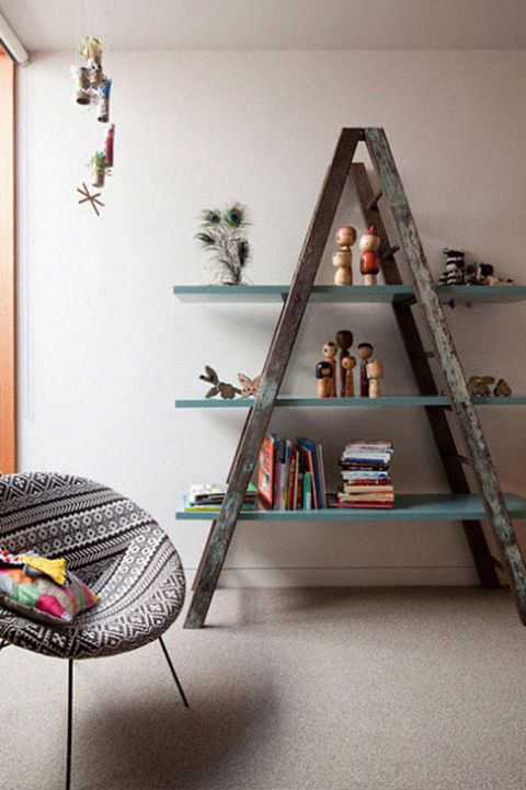 Shelf, Shelving, Room, Furniture, Interior design, Bookcase, Ladder, Wall, Stairs, Floor, 