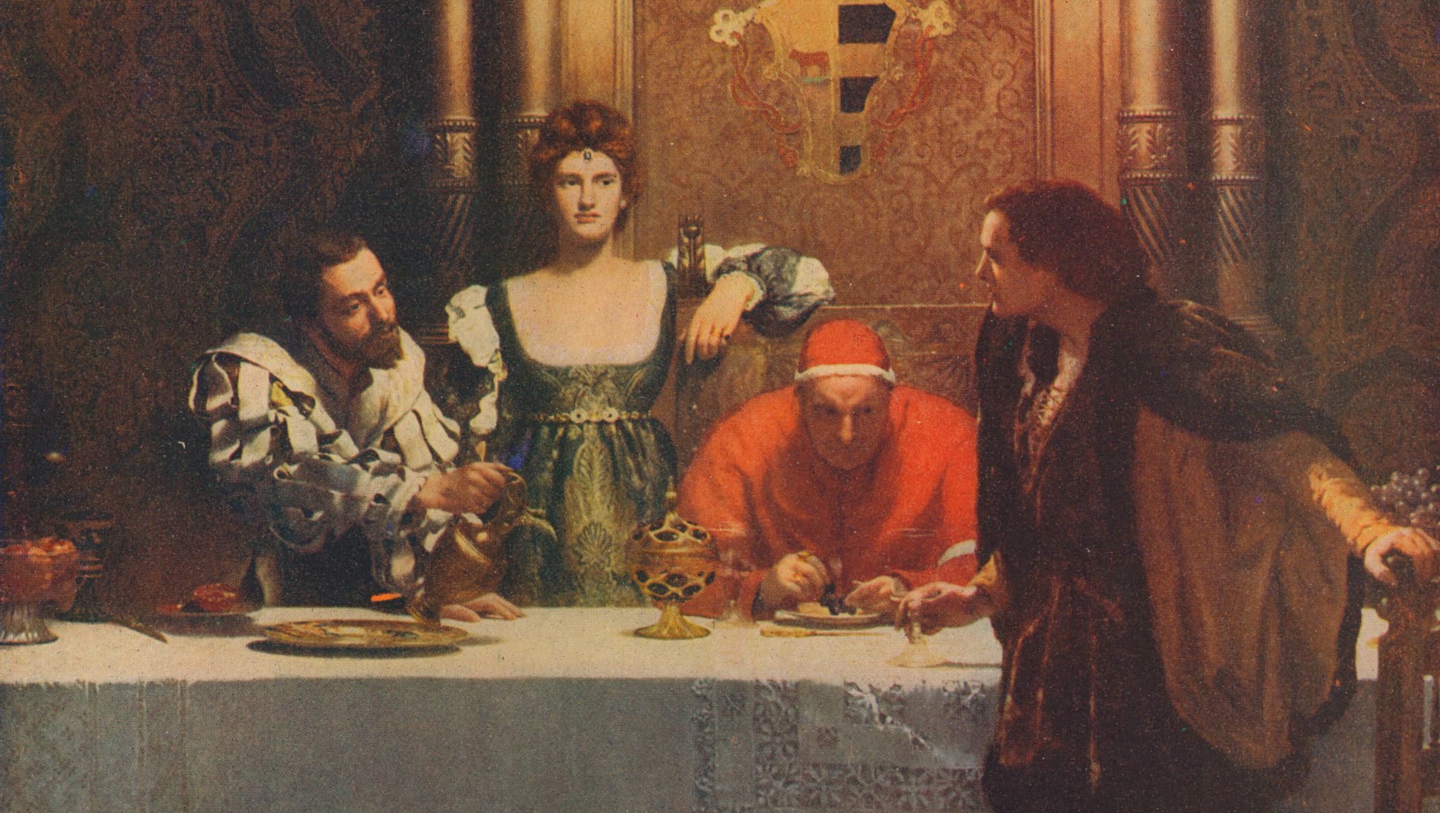 a glass of wine with caesar borgia, 1893, 1914 painting held at the colchester and ipswich museums service, ipswich from king alberts book the daily telegraph, london, 1914 artist john maler collier photo by print collectorgetty images