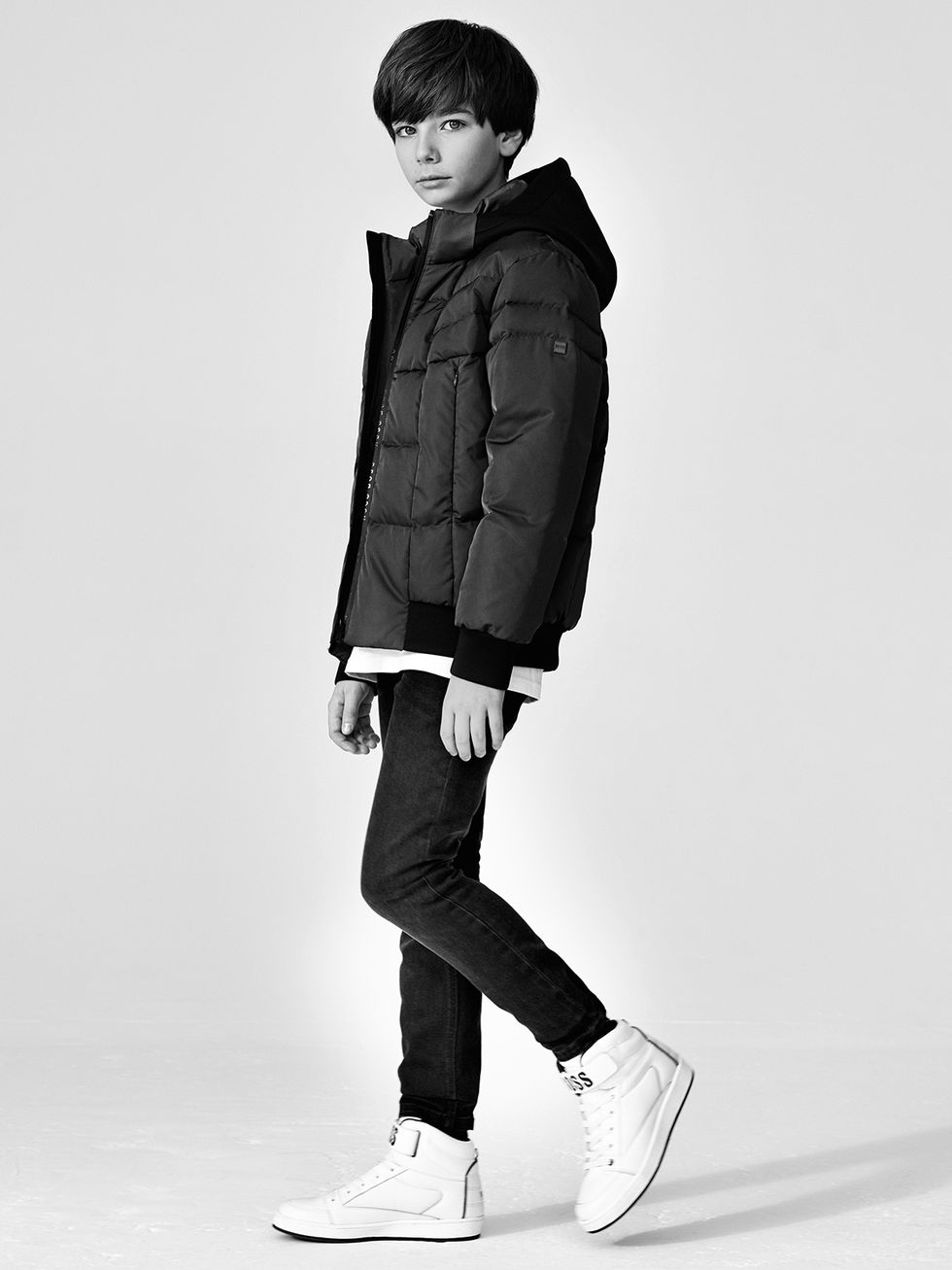 White, Clothing, Black, Standing, Shoulder, Outerwear, Fashion, Footwear, Jacket, Black-and-white, 