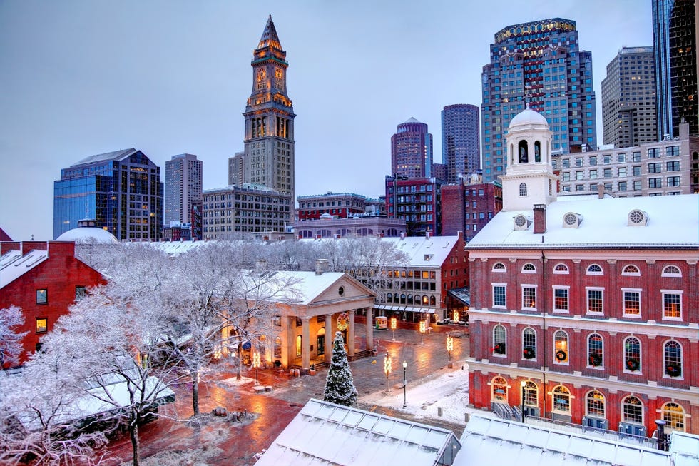 Winter in Boston faneuil hall rooftops covered in snow during the winter season in boston faneuil hall also known as quincy market is located near the waterfront and government center, in boston, massachusetts, has been a marketplace and a meeting hall since 1743 boston is the largest city in new england, the capital of the commonwealth of massachusetts
