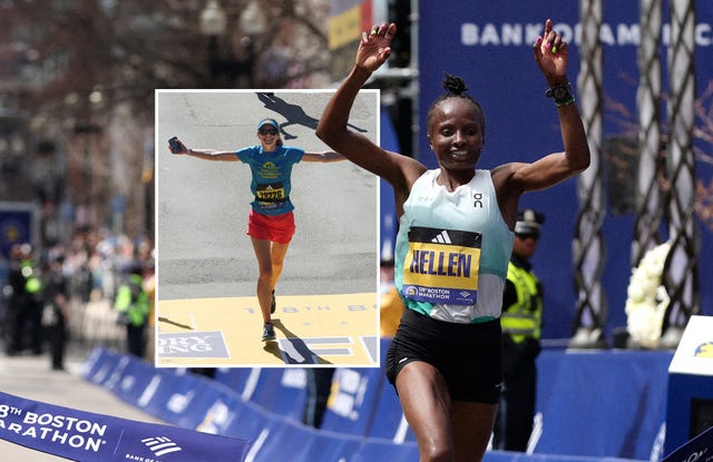 participants crossing the finish line of the boston marathon