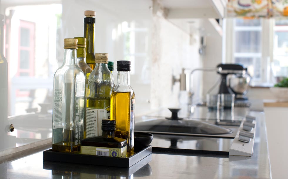 bottles on kitchen worktop, close up