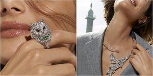 女人在巴黎快樂的佩戴珠寶項鍊和貓寶石戒指