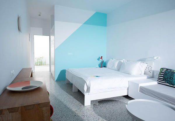 Bedroom, Room, Furniture, Bed, Property, Interior design, Building, Turquoise, Bed sheet, Wall, 