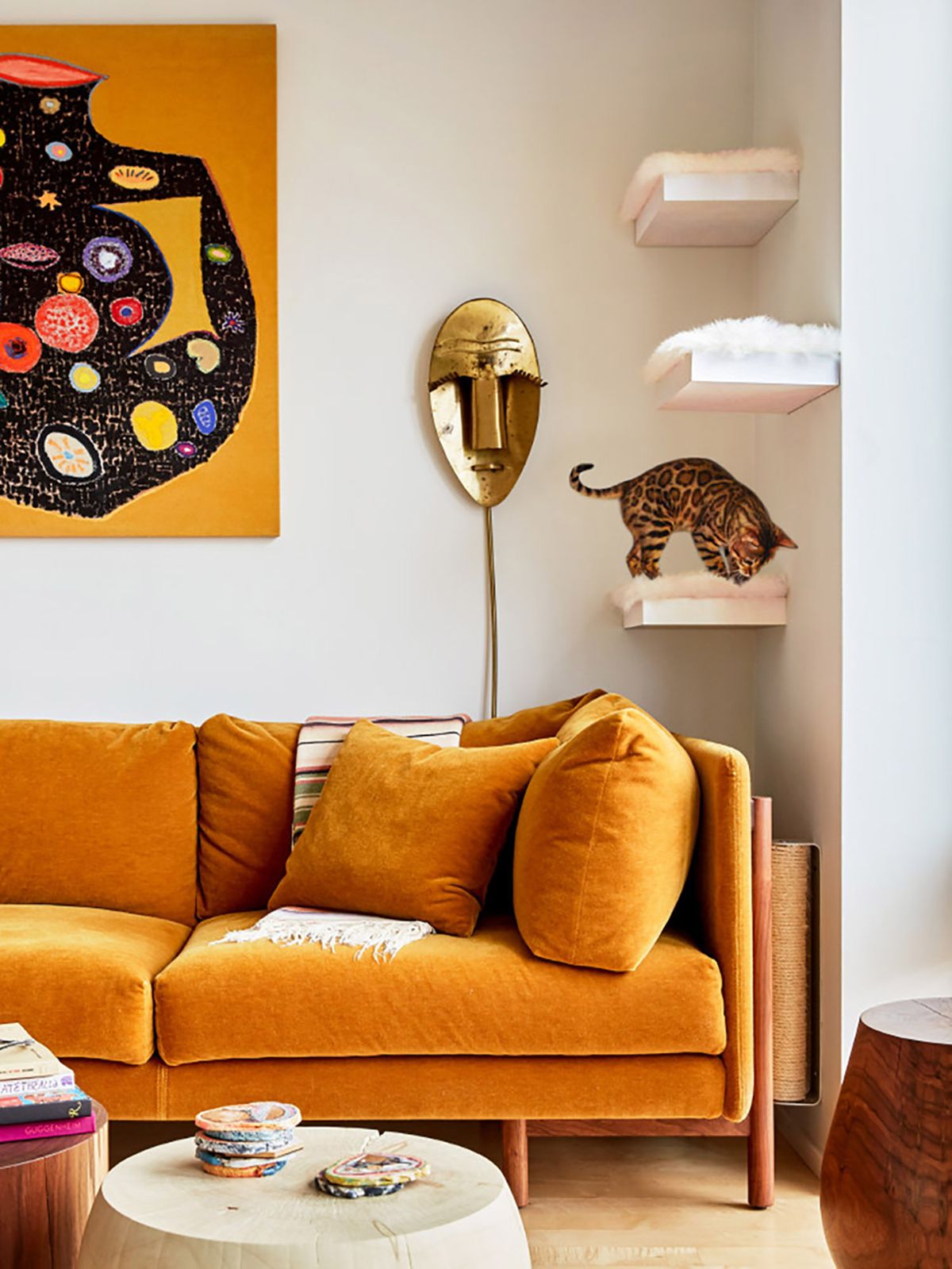 cat tree with orange sofa