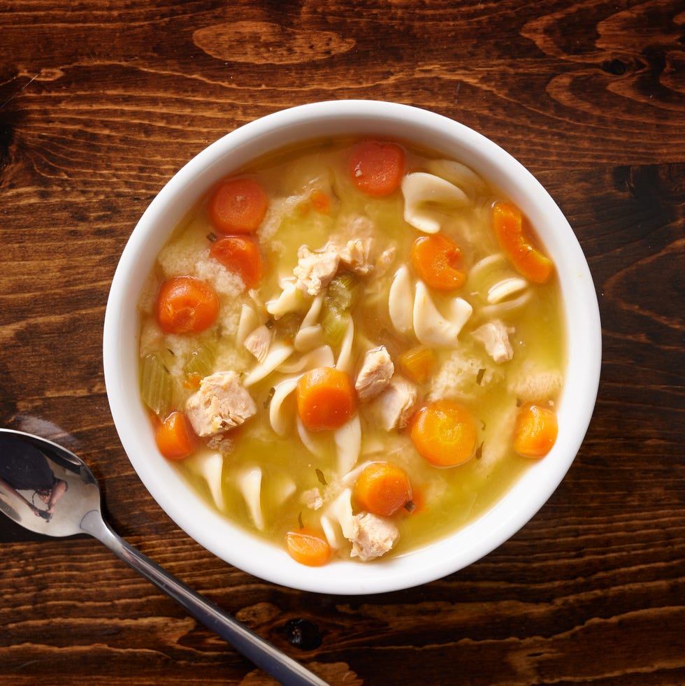 bowl of chicken noodle soup shot top down bowl of chicken noodle soup shot top down