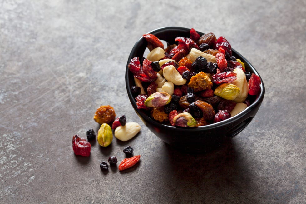 Bowl of dried fruits, pistachios, cashew nuts and almonds