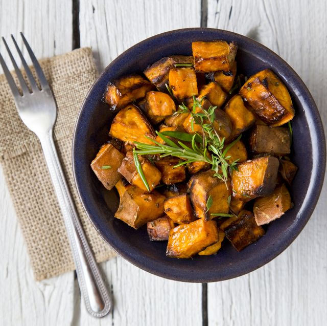 Bowl of oven roasted Sweet Potato with rosemary and thyme