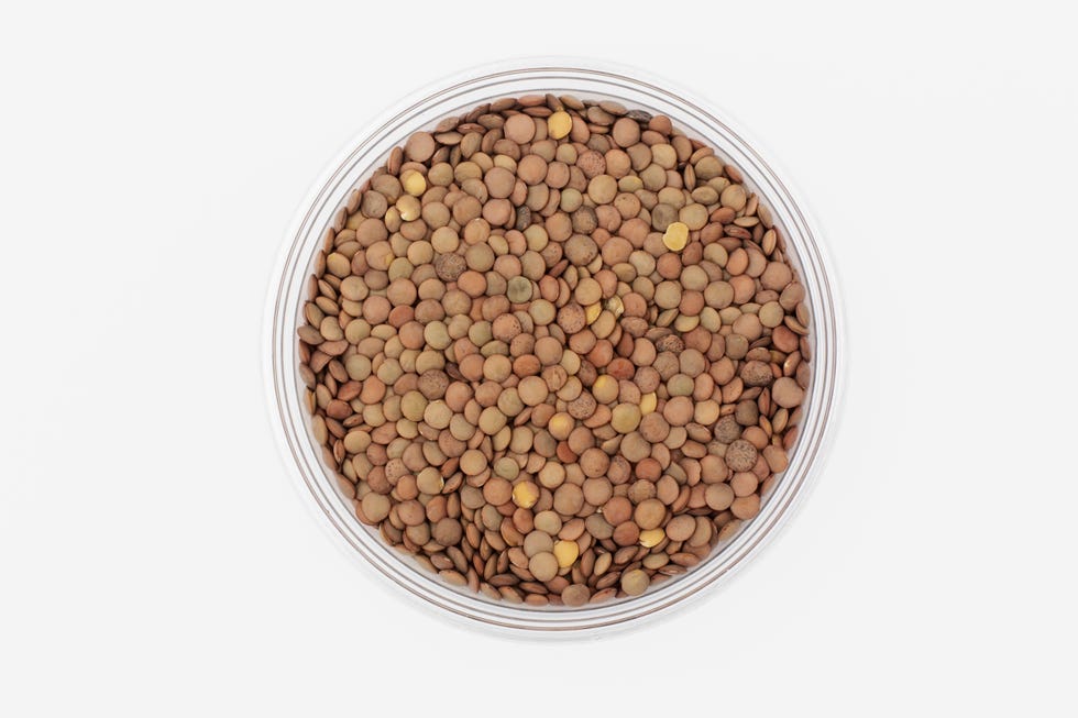 bowl of uncooked lentils, overhead view