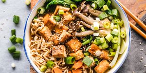 bowl of vegan miso ramen with tofu and mushrooms