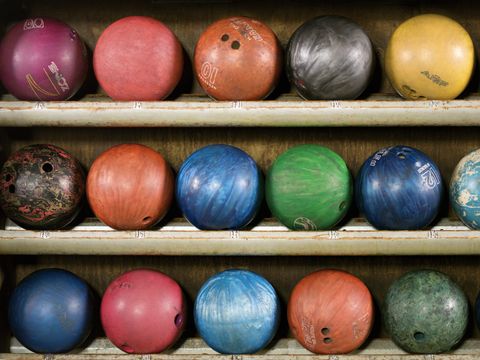 how to bowl three rows of colorful bowling balls