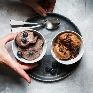 bowls of vegan blueberry banana and chocolate banana ice cream