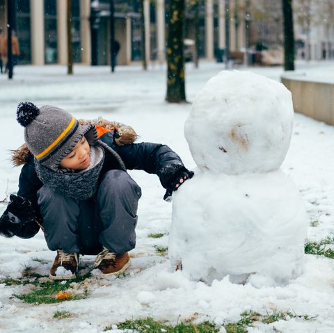 boy building a snowman base