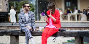 Street fashion, People, Pink, Red, Fashion, Snapshot, Footwear, Leg, Jeans, Sitting, 