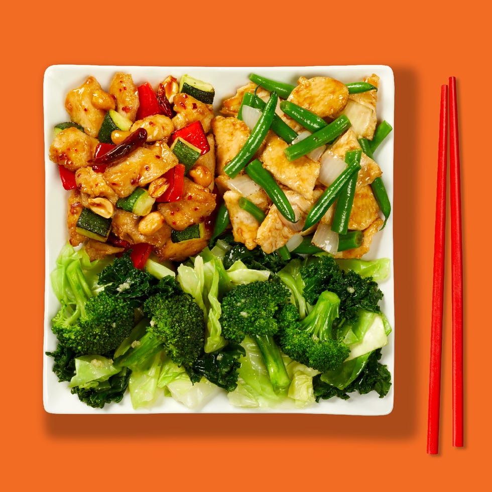 chinese food platter with two types of stirfry and vegetables