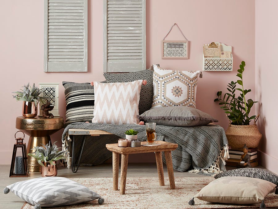 Furniture, Room, Living room, Interior design, Couch, Pink, Table, Yellow, Cushion, Coffee table, 