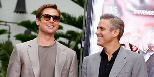 hollywood   june 05  actors brad pitt and george clooney r, stars of the film oceans 13, pose for photos during their hand and footprints ceremony at graumans chinese theatre on june 5, 2007 in hollywood, california  photo by kevin wintergetty images