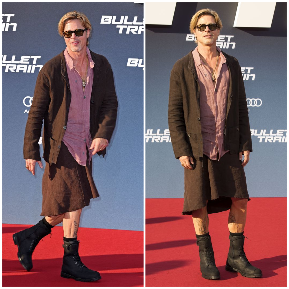 7月19日（現地時間）、ベルリンでの映画プレミアレッドカーペットにて。スカートを履いて登場した、ブラッド・ピット。