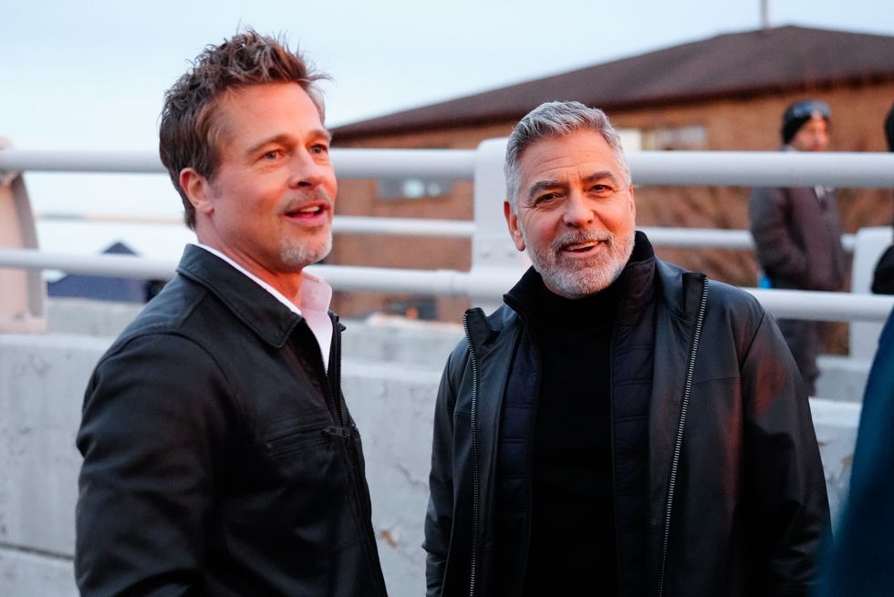 brad pitt and george clooney on location for wolves on february 13, 2023 in new york city