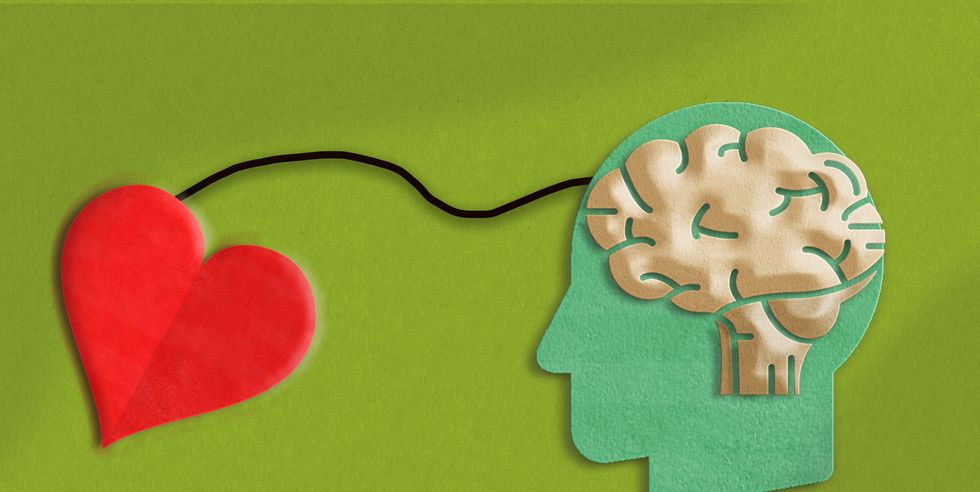 brain and red heart connectedemotional intelligence concept in paper cut in green background