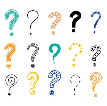 big set of doodle drawings of question marks in different colors, solid, strips and dotted