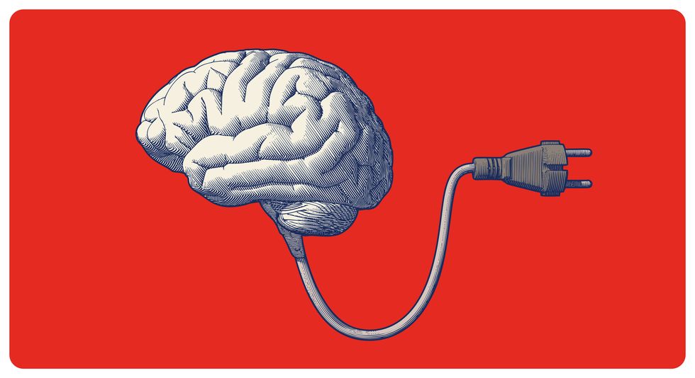 brain with electric plug retro style drawing illustration on red bg