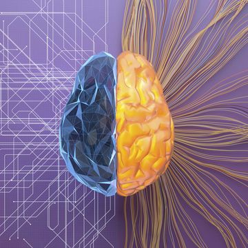 digital generated image of split netturbulence structure of artificial intelligence brain on purple surface