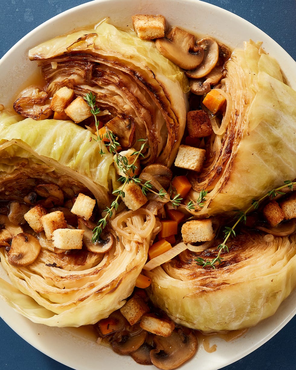beer braised cabbage with mushrooms, carrots, onions and fresh thyme