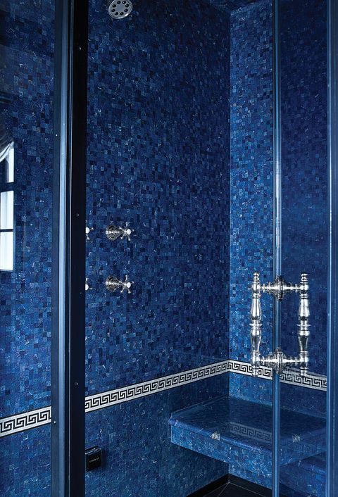Blue, Shower, Bathroom, Plumbing fixture, Room, Tile, Architecture, Glass, Shower panel, Space, 