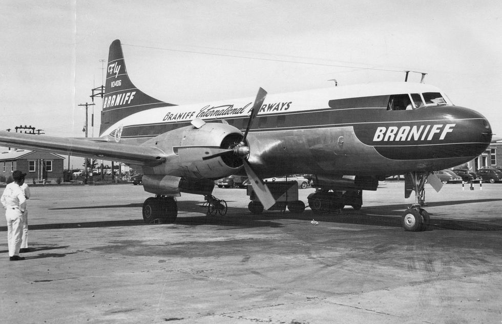 braniff international airways plane in black and white