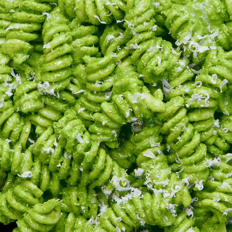 green pasta named and styled after charli xcx's brat album cover