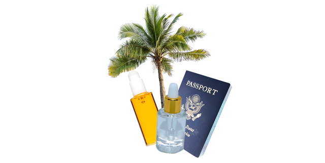 collage of skincare bottles passport and a palm tree