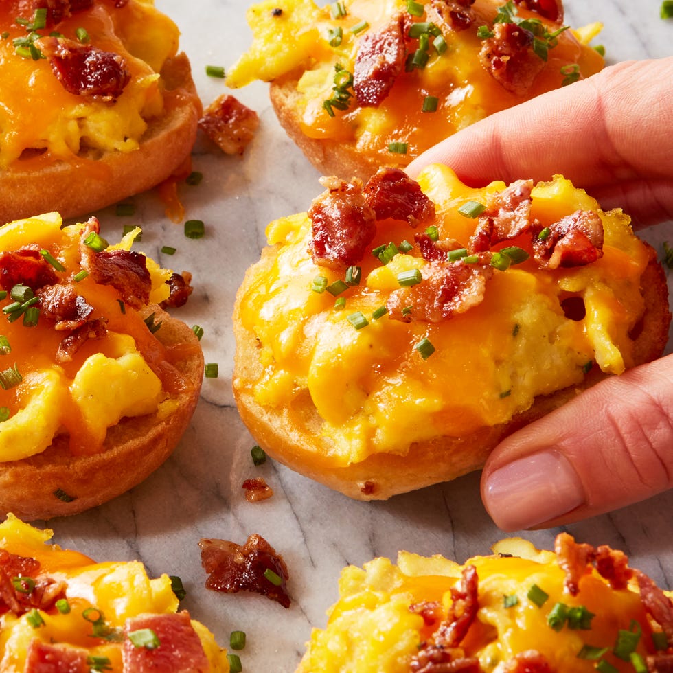 breakfast bagel bites topped with cheese and bacon