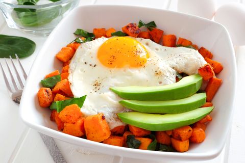 breakfast bowl close up with sweet potato, egg, avocado and spinach
