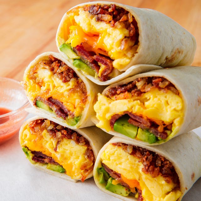 burritos filled with bacon, eggs, cheese, and avocado